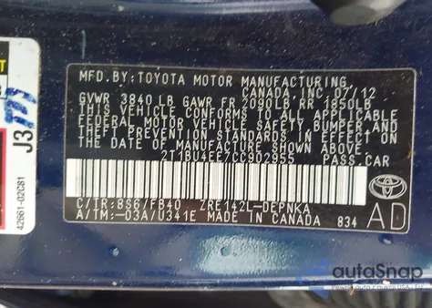 2012 Toyota Corolla Le из США, поврежденный, VIN 2T1BU4EE7CC902955